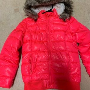 Justice Girls puffer jacket with fur hood. Pink/orange, excellent condition